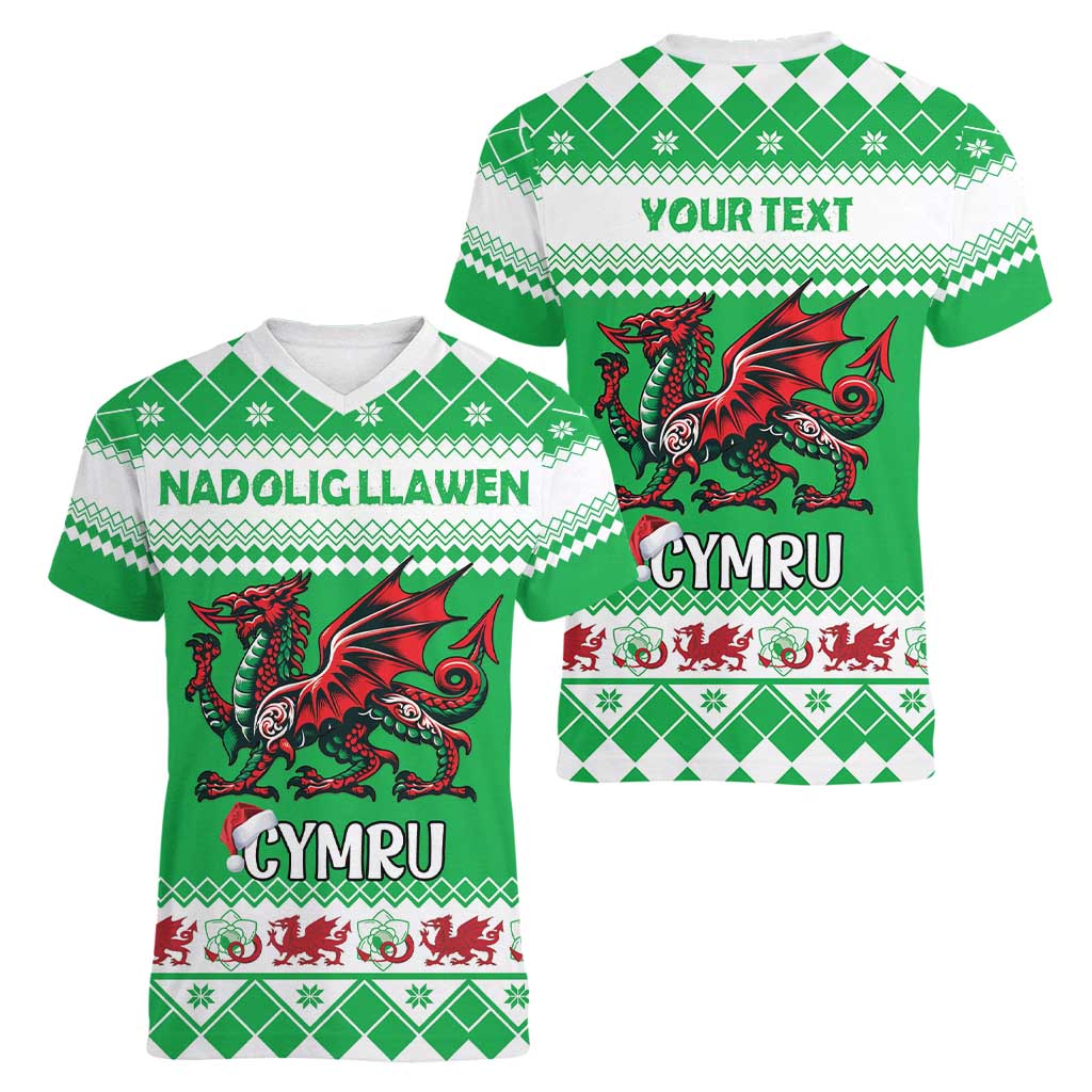 Personalized Wales Christmas Dragon Women V-Neck T-Shirt Nadolig Llawen Green Version - Wonder Print Shop