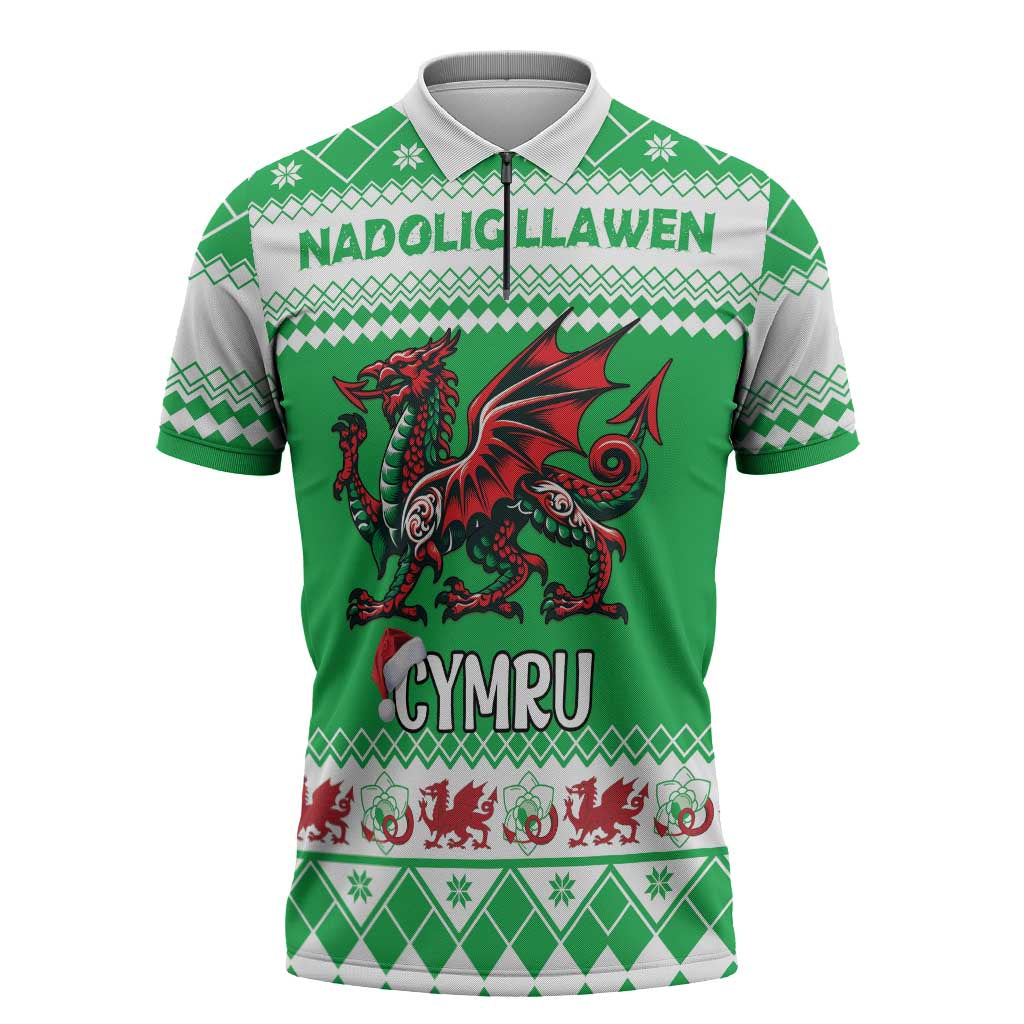 Personalized Wales Christmas Dragon Zipper Polo Shirt Nadolig Llawen Green Version - Wonder Print Shop