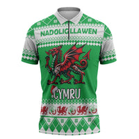 Personalized Wales Christmas Dragon Zipper Polo Shirt Nadolig Llawen Green Version - Wonder Print Shop