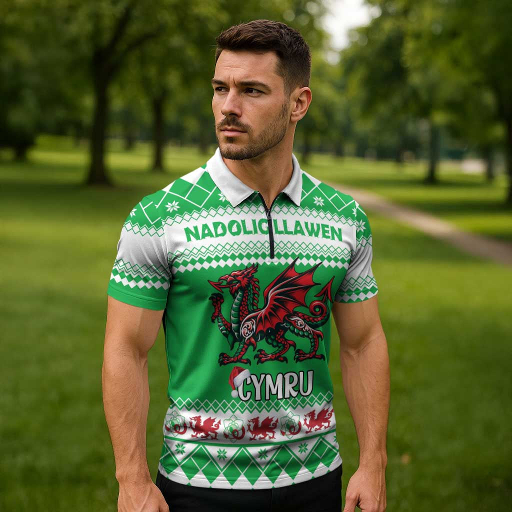 Personalized Wales Christmas Dragon Zipper Polo Shirt Nadolig Llawen Green Version - Wonder Print Shop