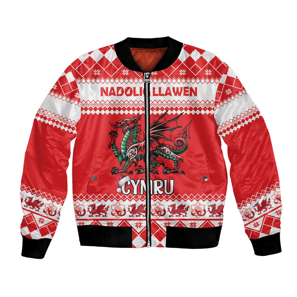 Personalized Wales Christmas Dragon Bomber Jacket Nadolig Llawen Red Version - Wonder Print Shop