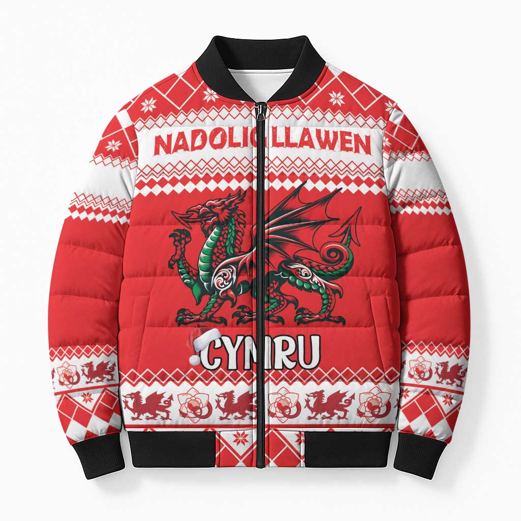 Personalized Wales Christmas Dragon Bomber Puffer Jacket Nadolig Llawen Red Version - Wonder Print Shop