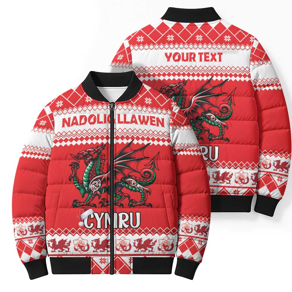Personalized Wales Christmas Dragon Bomber Puffer Jacket Nadolig Llawen Red Version - Wonder Print Shop