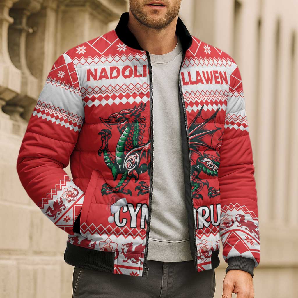 Personalized Wales Christmas Dragon Bomber Puffer Jacket Nadolig Llawen Red Version - Wonder Print Shop