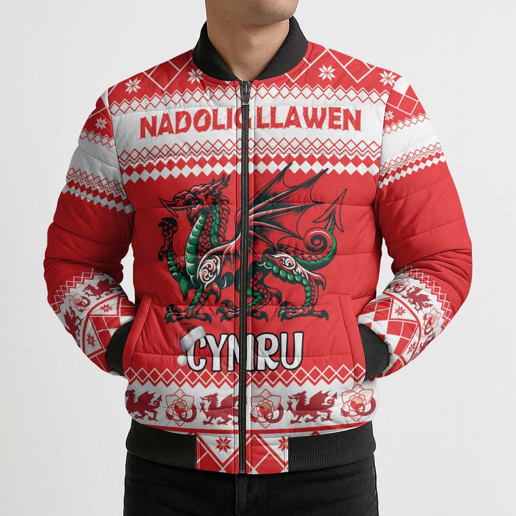 Personalized Wales Christmas Dragon Bomber Puffer Jacket Nadolig Llawen Red Version - Wonder Print Shop