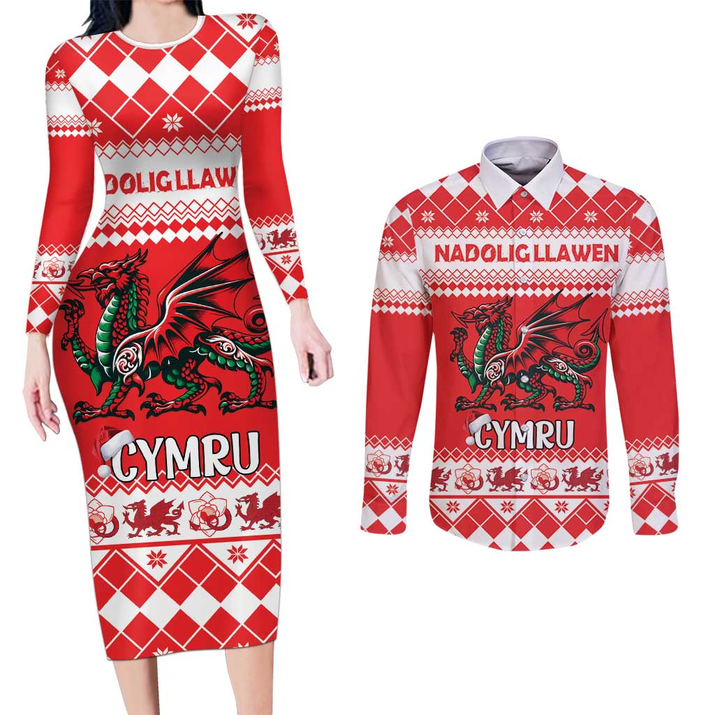 Personalized Wales Christmas Dragon Couples Matching Long Sleeve Bodycon Dress and Long Sleeve Button Shirt Nadolig Llawen Red Version - Wonder Print Shop