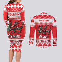 Personalized Wales Christmas Dragon Couples Matching Long Sleeve Bodycon Dress and Long Sleeve Button Shirt Nadolig Llawen Red Version - Wonder Print Shop