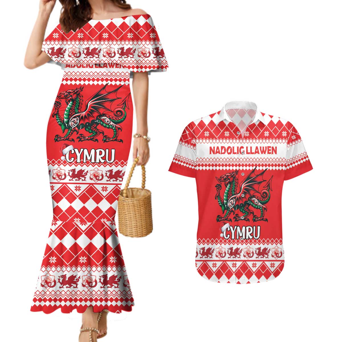 Personalized Wales Christmas Dragon Couples Matching Mermaid Dress and Hawaiian Shirt Nadolig Llawen Red Version - Wonder Print Shop