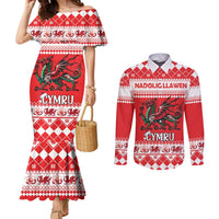 Personalized Wales Christmas Dragon Couples Matching Mermaid Dress and Long Sleeve Button Shirt Nadolig Llawen Red Version - Wonder Print Shop