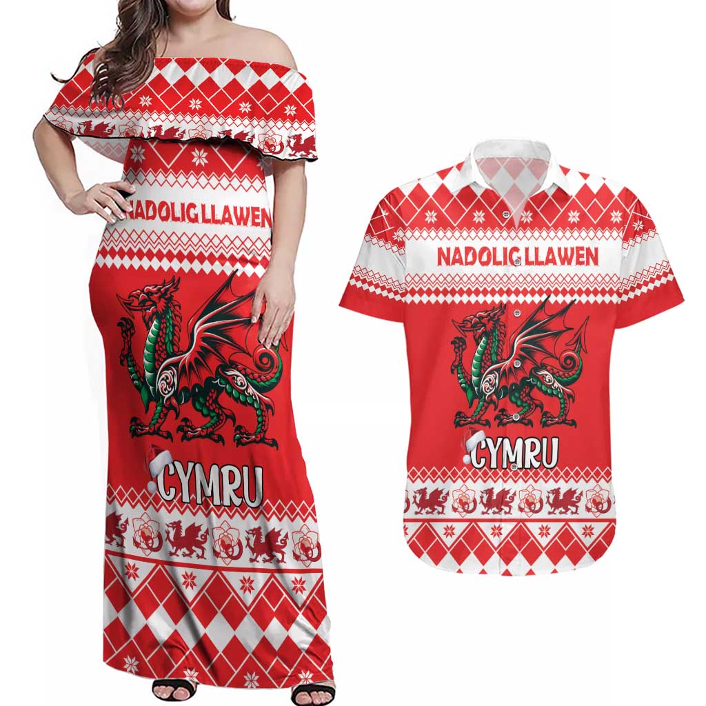Personalized Wales Christmas Dragon Couples Matching Off Shoulder Maxi Dress and Hawaiian Shirt Nadolig Llawen Red Version - Wonder Print Shop