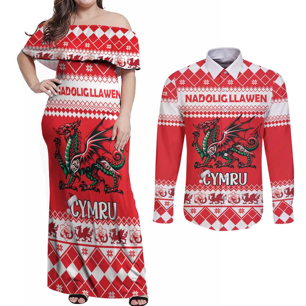 Personalized Wales Christmas Dragon Couples Matching Off Shoulder Maxi Dress and Long Sleeve Button Shirt Nadolig Llawen Red Version - Wonder Print Shop