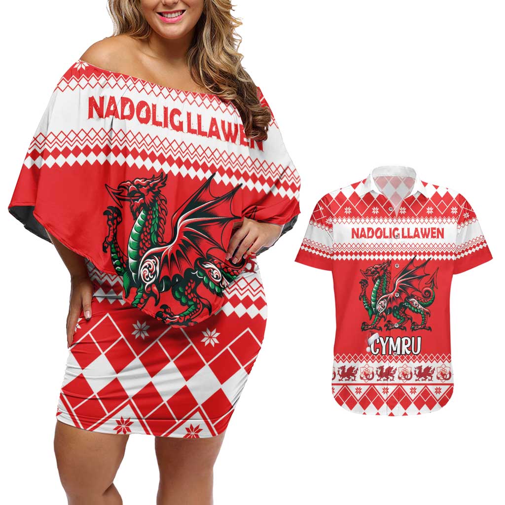 Personalized Wales Christmas Dragon Couples Matching Off Shoulder Short Dress and Hawaiian Shirt Nadolig Llawen Red Version - Wonder Print Shop