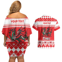 Personalized Wales Christmas Dragon Couples Matching Off Shoulder Short Dress and Hawaiian Shirt Nadolig Llawen Red Version - Wonder Print Shop
