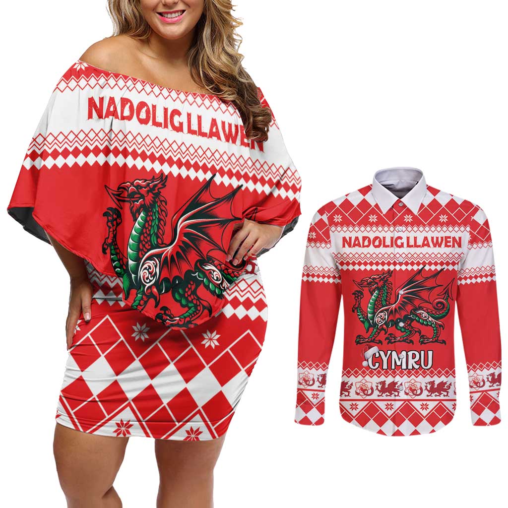 Personalized Wales Christmas Dragon Couples Matching Off Shoulder Short Dress and Long Sleeve Button Shirt Nadolig Llawen Red Version - Wonder Print Shop