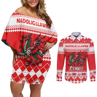 Personalized Wales Christmas Dragon Couples Matching Off Shoulder Short Dress and Long Sleeve Button Shirt Nadolig Llawen Red Version - Wonder Print Shop
