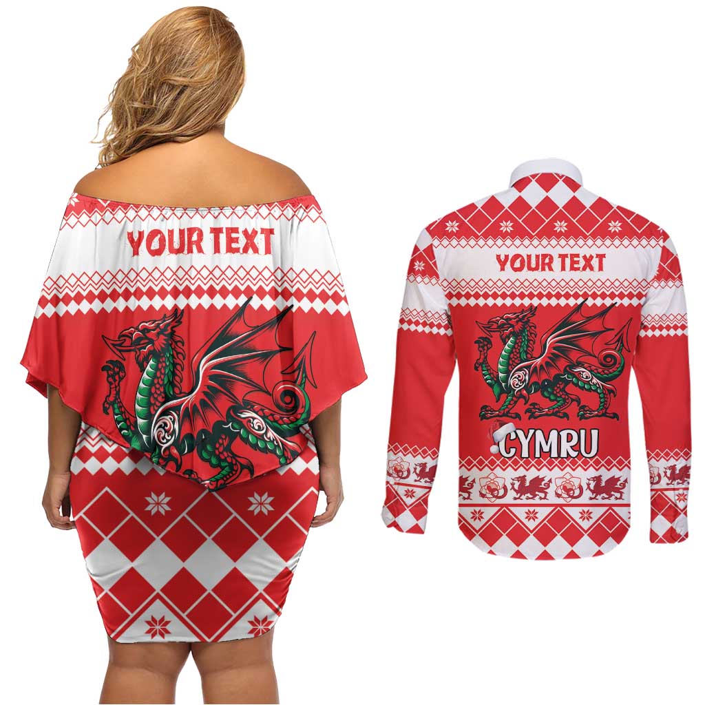 Personalized Wales Christmas Dragon Couples Matching Off Shoulder Short Dress and Long Sleeve Button Shirt Nadolig Llawen Red Version - Wonder Print Shop