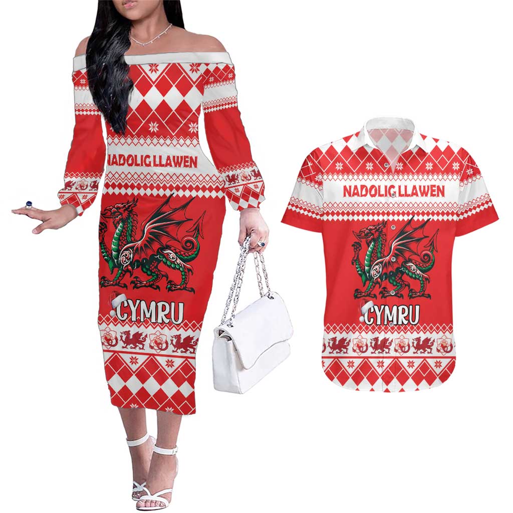 Personalized Wales Christmas Dragon Couples Matching Off The Shoulder Long Sleeve Dress and Hawaiian Shirt Nadolig Llawen Red Version - Wonder Print Shop