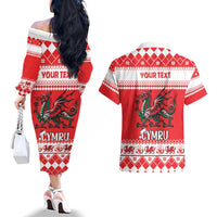 Personalized Wales Christmas Dragon Couples Matching Off The Shoulder Long Sleeve Dress and Hawaiian Shirt Nadolig Llawen Red Version - Wonder Print Shop
