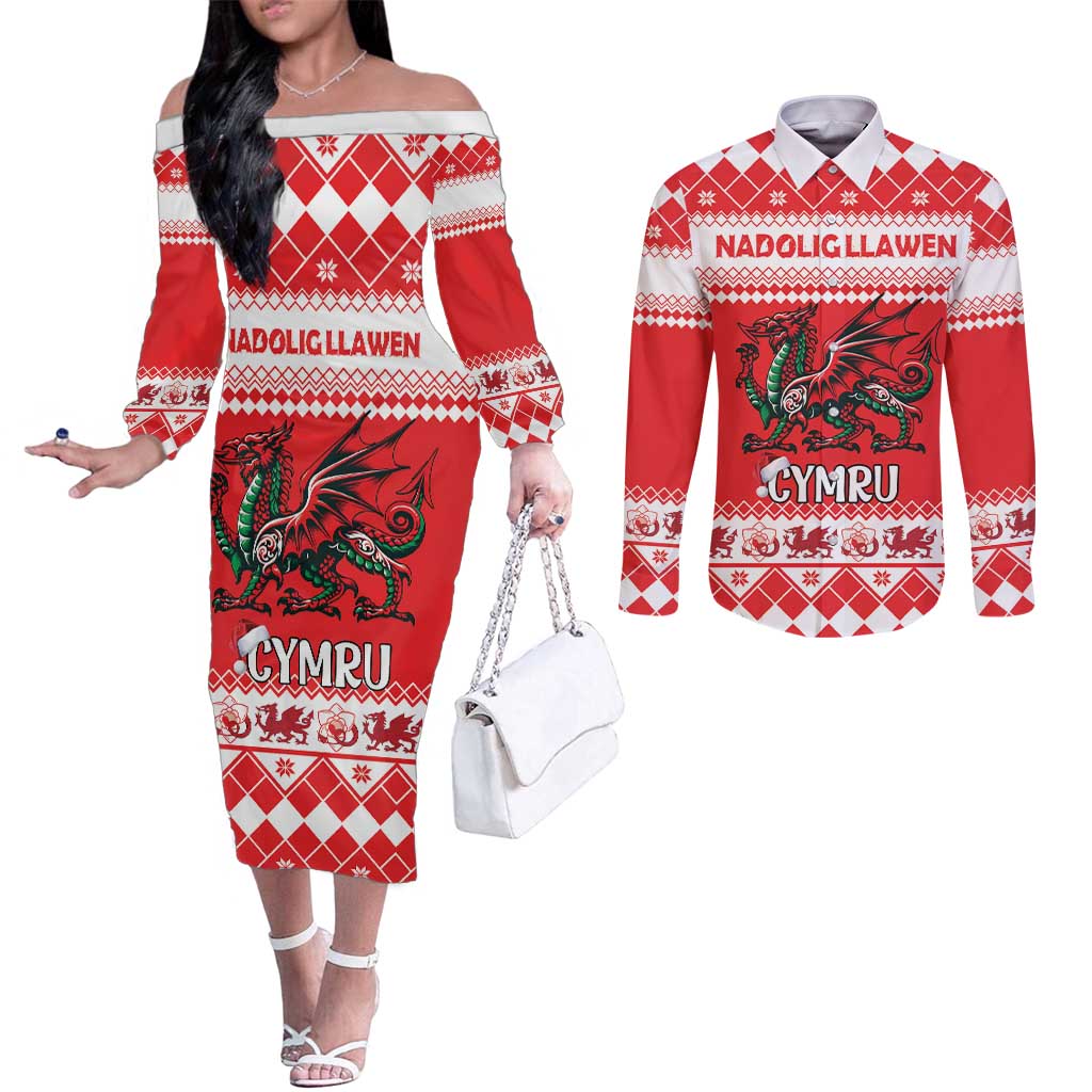 Personalized Wales Christmas Dragon Couples Matching Off The Shoulder Long Sleeve Dress and Long Sleeve Button Shirt Nadolig Llawen Red Version - Wonder Print Shop