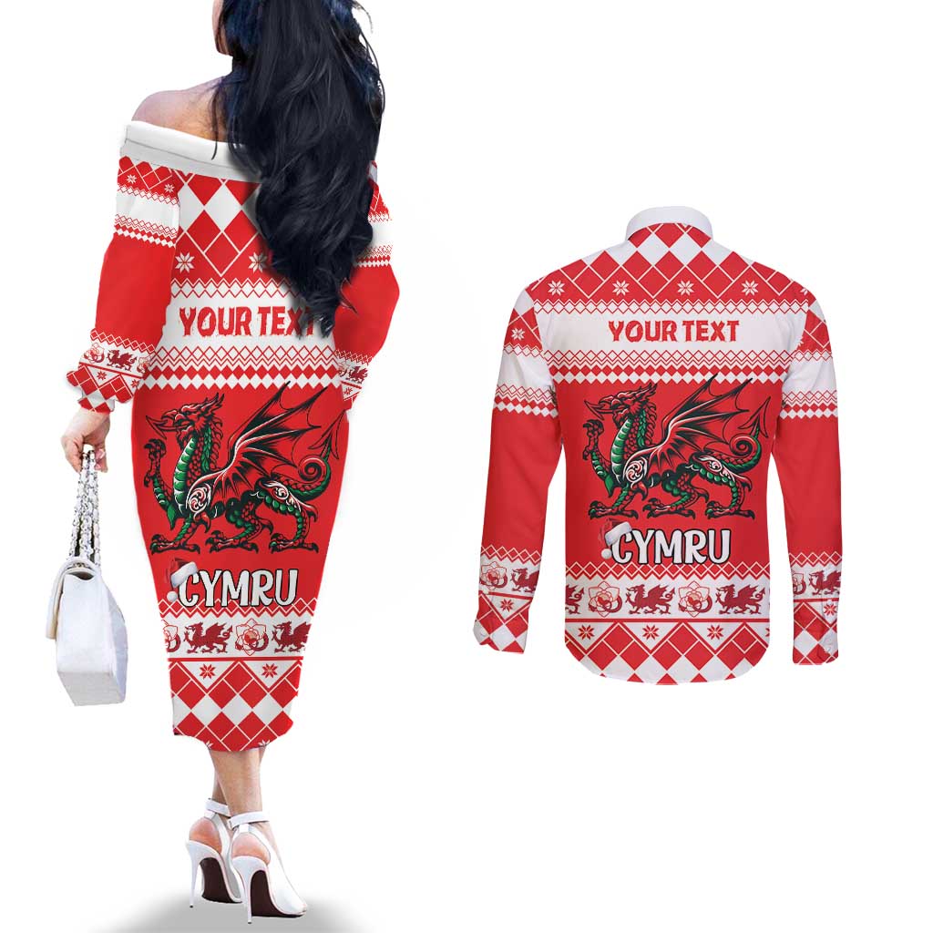 Personalized Wales Christmas Dragon Couples Matching Off The Shoulder Long Sleeve Dress and Long Sleeve Button Shirt Nadolig Llawen Red Version - Wonder Print Shop