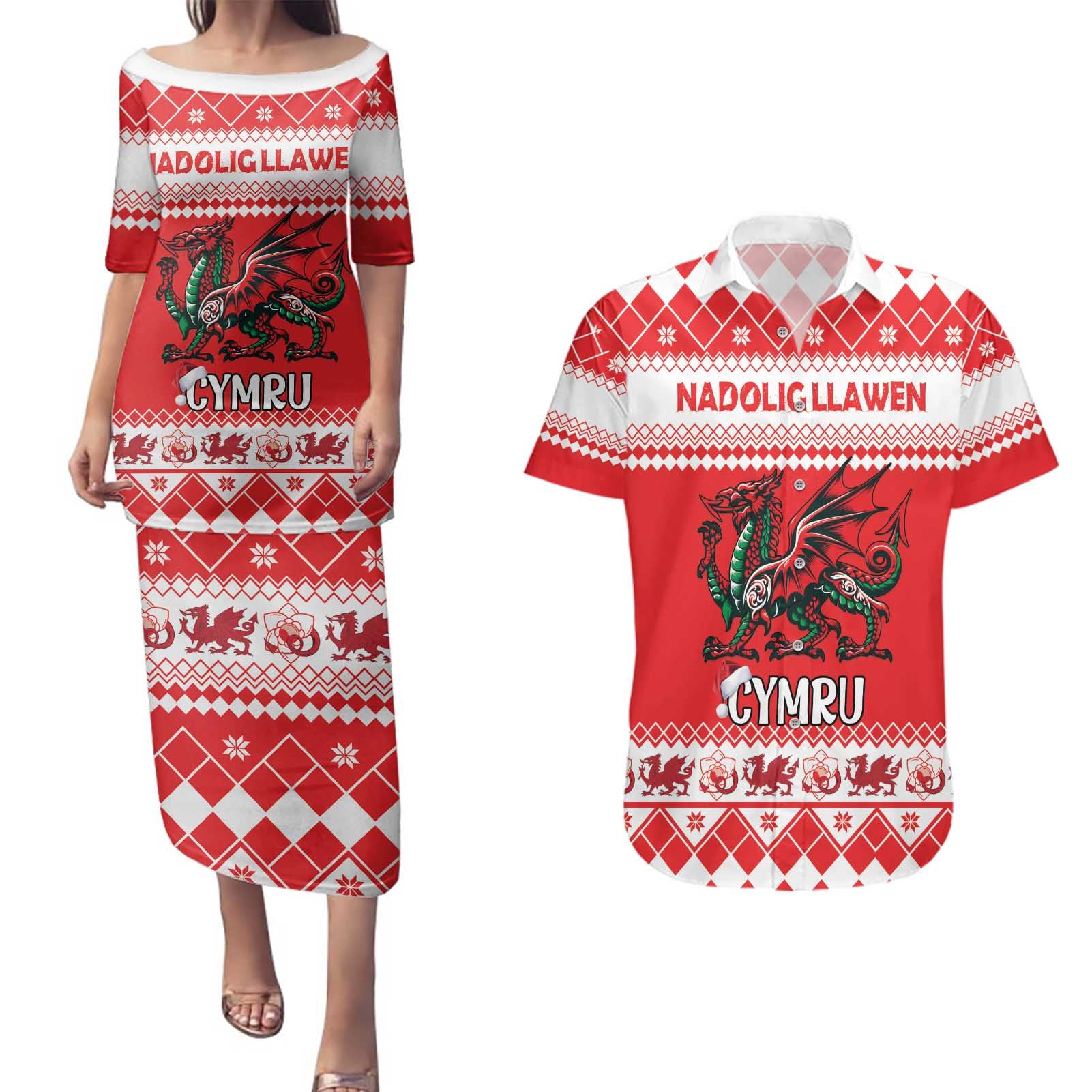 Personalized Wales Christmas Dragon Couples Matching Puletasi and Hawaiian Shirt Nadolig Llawen Red Version - Wonder Print Shop