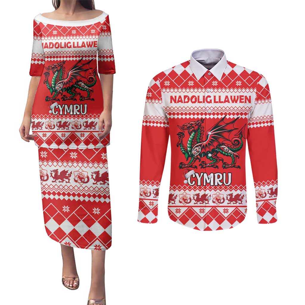 Personalized Wales Christmas Dragon Couples Matching Puletasi and Long Sleeve Button Shirt Nadolig Llawen Red Version - Wonder Print Shop