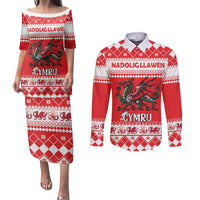 Personalized Wales Christmas Dragon Couples Matching Puletasi and Long Sleeve Button Shirt Nadolig Llawen Red Version - Wonder Print Shop
