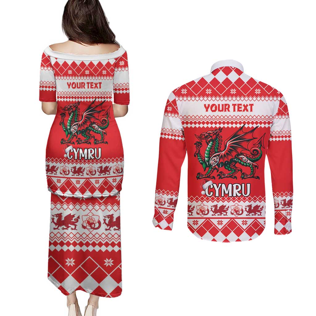 Personalized Wales Christmas Dragon Couples Matching Puletasi and Long Sleeve Button Shirt Nadolig Llawen Red Version - Wonder Print Shop