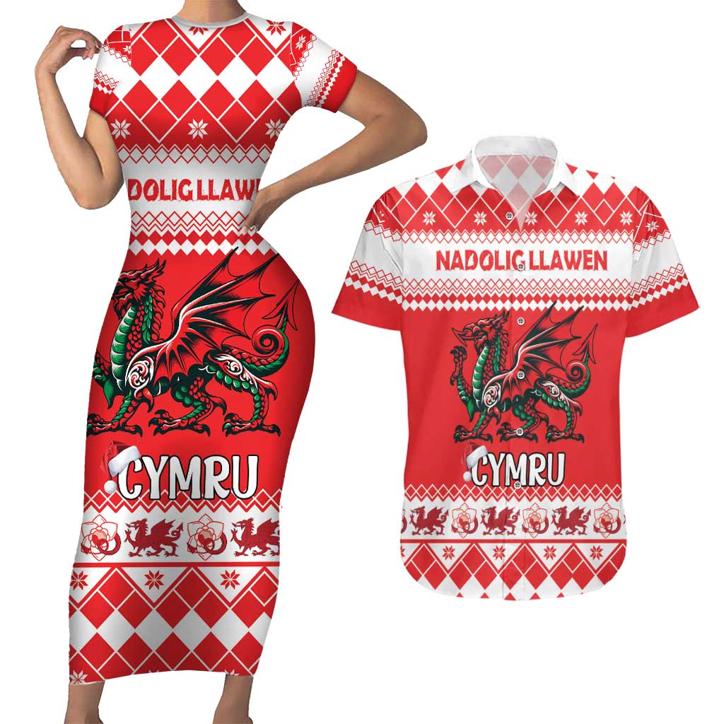 Personalized Wales Christmas Dragon Couples Matching Short Sleeve Bodycon Dress and Hawaiian Shirt Nadolig Llawen Red Version - Wonder Print Shop