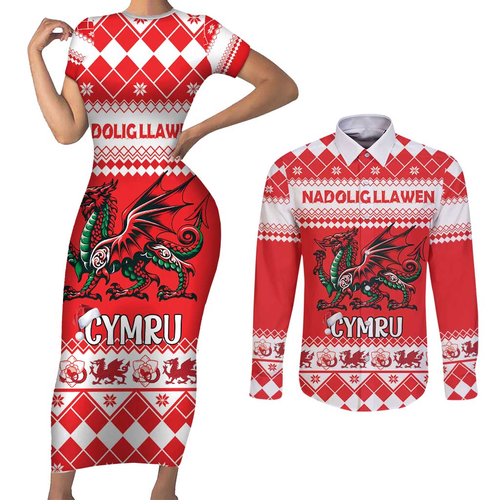 Personalized Wales Christmas Dragon Couples Matching Short Sleeve Bodycon Dress and Long Sleeve Button Shirt Nadolig Llawen Red Version - Wonder Print Shop