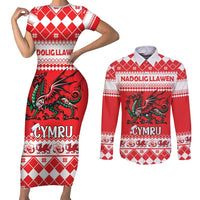 Personalized Wales Christmas Dragon Couples Matching Short Sleeve Bodycon Dress and Long Sleeve Button Shirt Nadolig Llawen Red Version - Wonder Print Shop