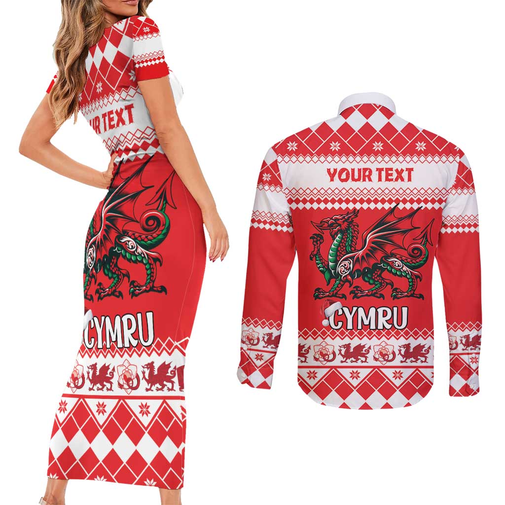 Personalized Wales Christmas Dragon Couples Matching Short Sleeve Bodycon Dress and Long Sleeve Button Shirt Nadolig Llawen Red Version - Wonder Print Shop