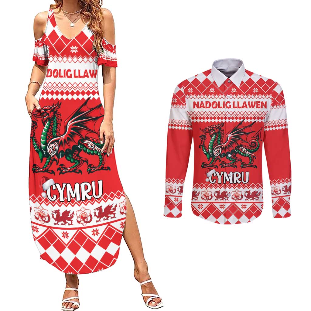 Personalized Wales Christmas Dragon Couples Matching Summer Maxi Dress and Long Sleeve Button Shirt Nadolig Llawen Red Version - Wonder Print Shop
