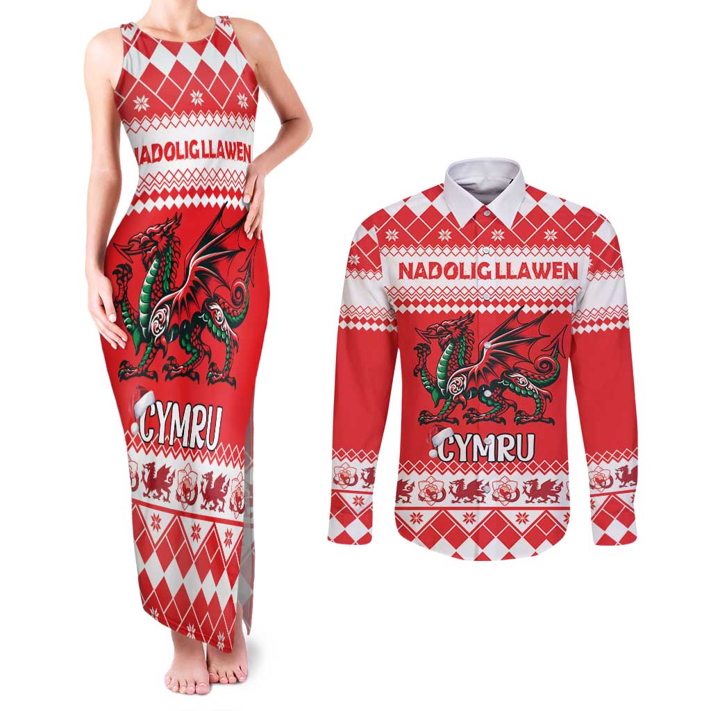 Personalized Wales Christmas Dragon Couples Matching Tank Maxi Dress and Long Sleeve Button Shirt Nadolig Llawen Red Version - Wonder Print Shop