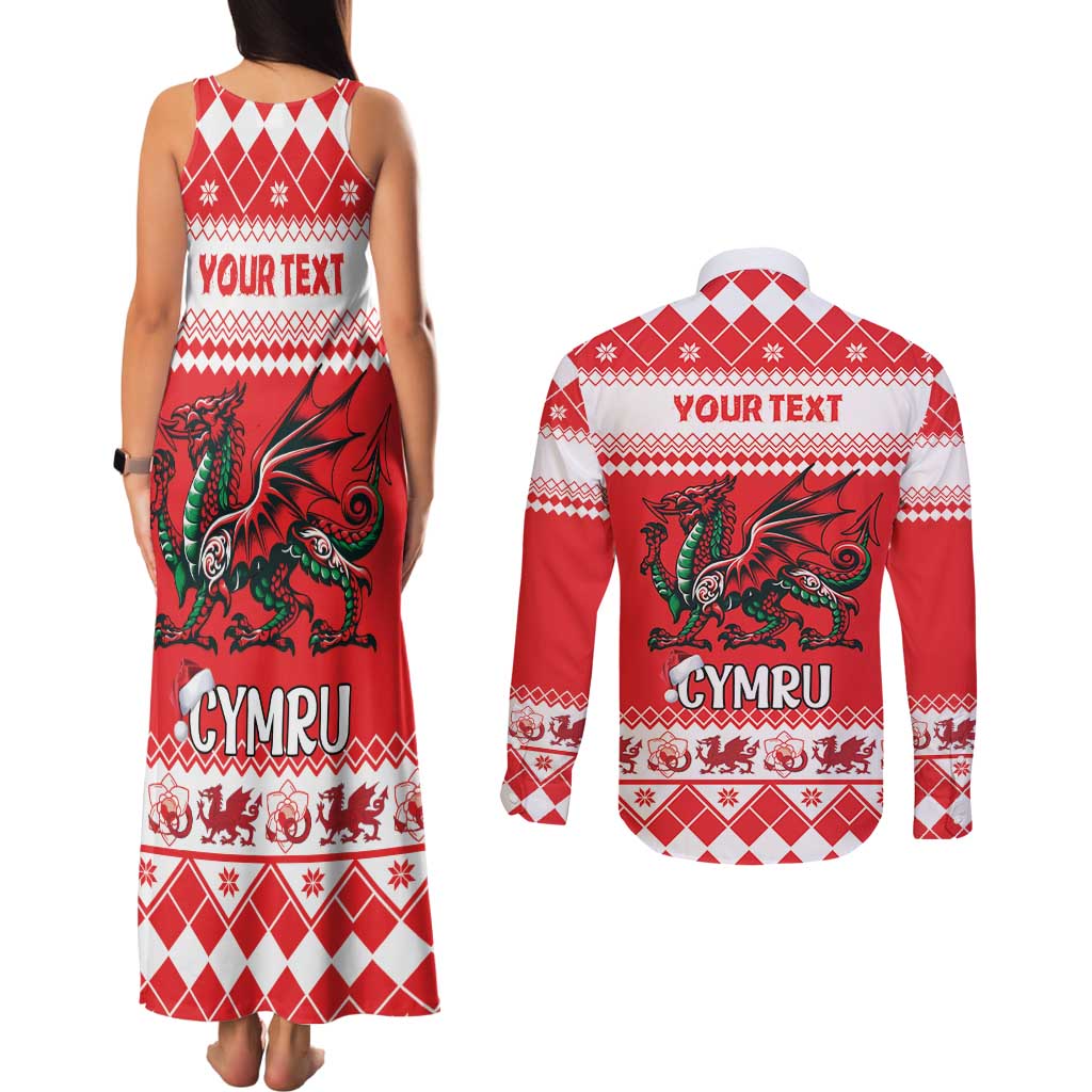Personalized Wales Christmas Dragon Couples Matching Tank Maxi Dress and Long Sleeve Button Shirt Nadolig Llawen Red Version - Wonder Print Shop