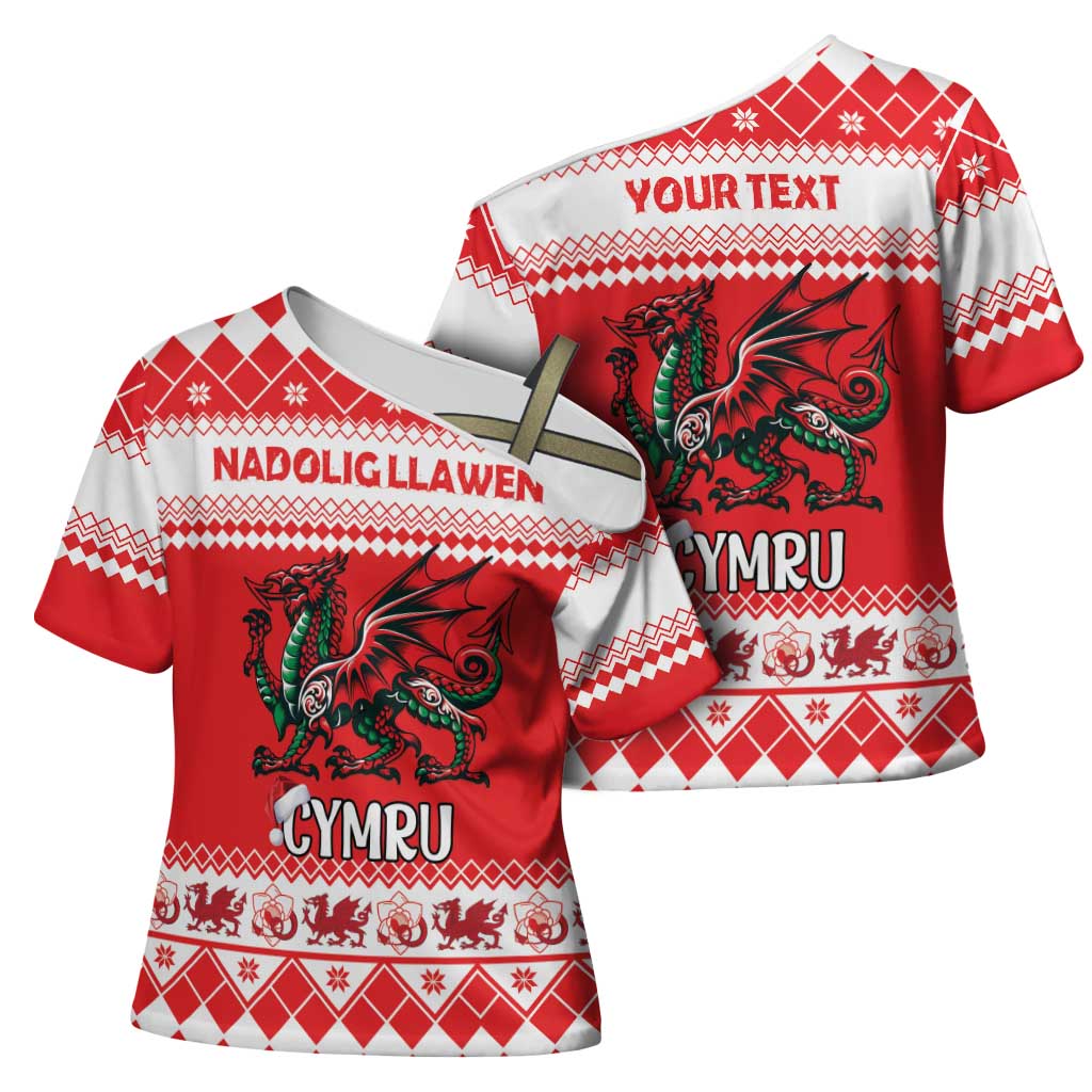 Personalized Wales Christmas Dragon Cross Shoulder Shirt Nadolig Llawen Red Version - Wonder Print Shop