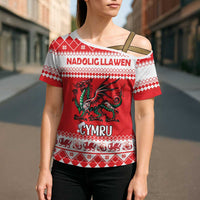 Personalized Wales Christmas Dragon Cross Shoulder Shirt Nadolig Llawen Red Version - Wonder Print Shop