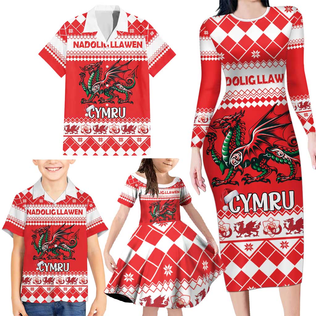 Personalized Wales Christmas Dragon Family Matching Long Sleeve Bodycon Dress and Hawaiian Shirt Nadolig Llawen Red Version - Wonder Print Shop
