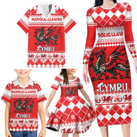 Personalized Wales Christmas Dragon Family Matching Long Sleeve Bodycon Dress and Hawaiian Shirt Nadolig Llawen Red Version - Wonder Print Shop