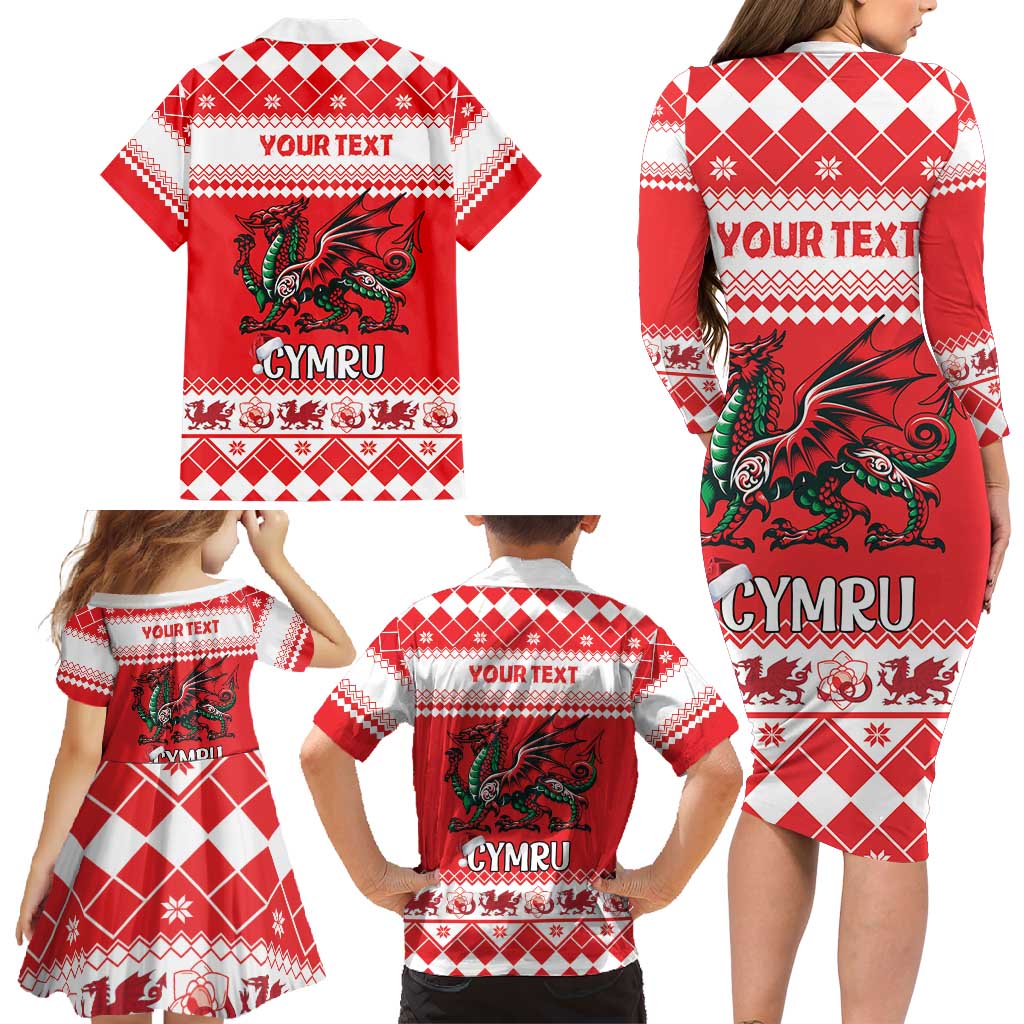 Personalized Wales Christmas Dragon Family Matching Long Sleeve Bodycon Dress and Hawaiian Shirt Nadolig Llawen Red Version - Wonder Print Shop