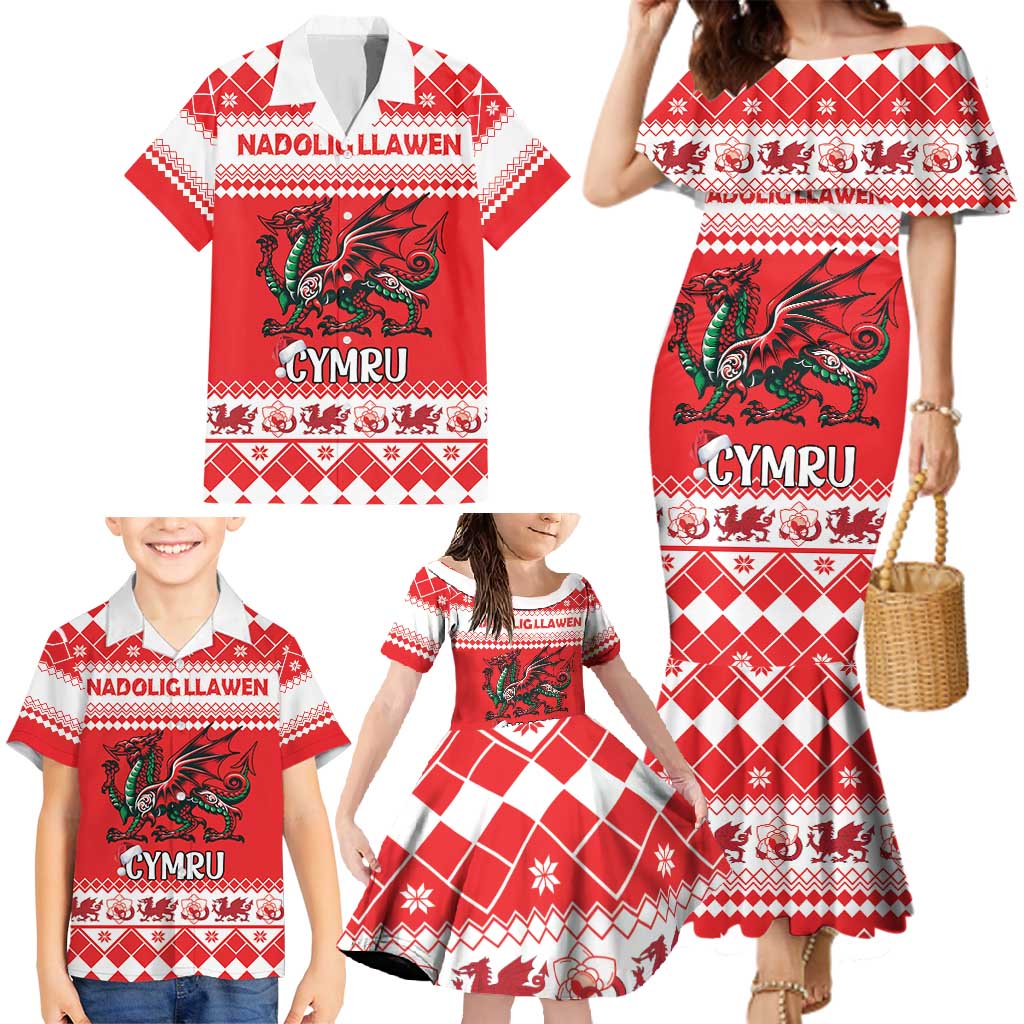 Personalized Wales Christmas Dragon Family Matching Mermaid Dress and Hawaiian Shirt Nadolig Llawen Red Version - Wonder Print Shop