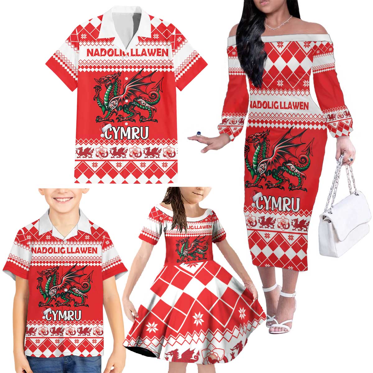 Personalized Wales Christmas Dragon Family Matching Off The Shoulder Long Sleeve Dress and Hawaiian Shirt Nadolig Llawen Red Version - Wonder Print Shop