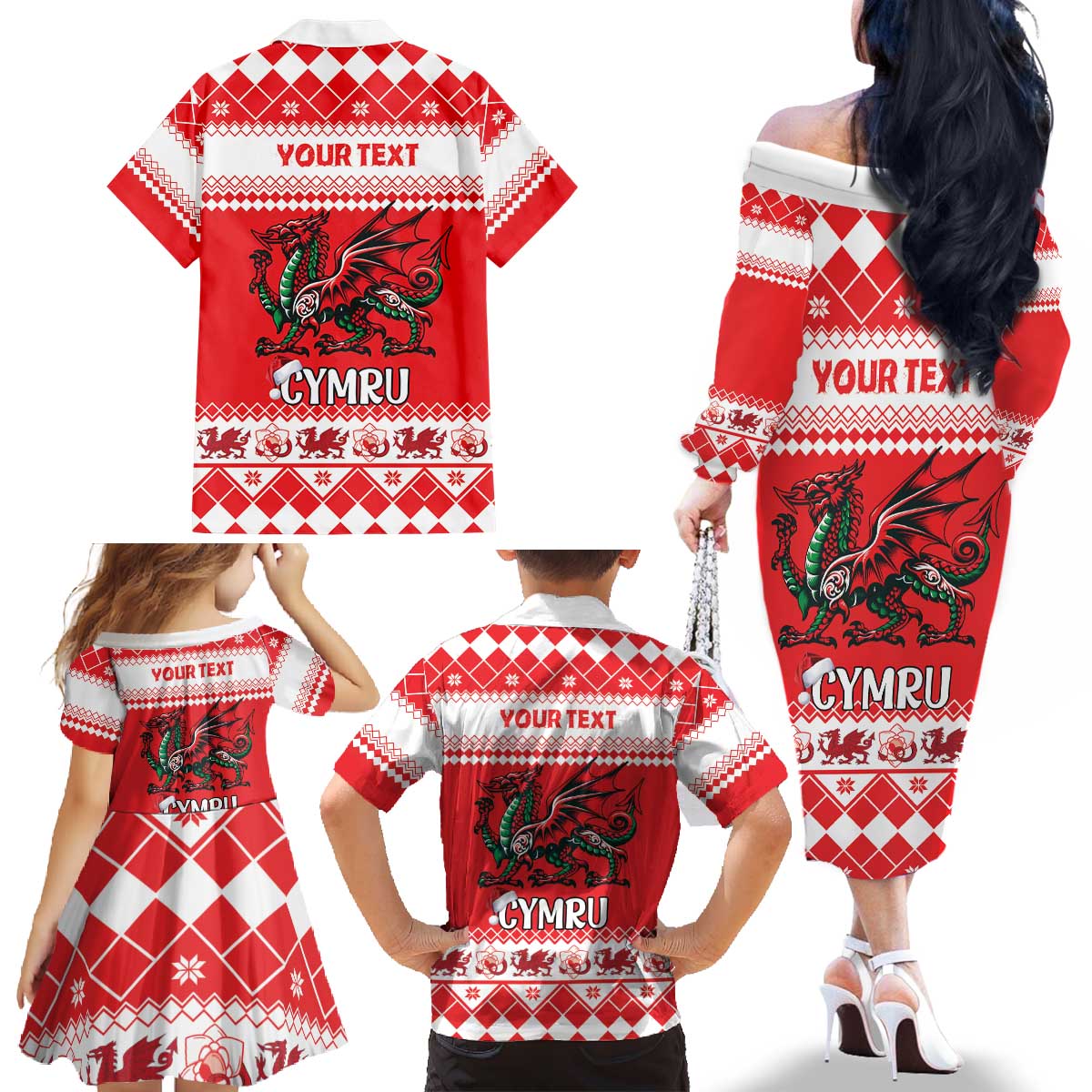 Personalized Wales Christmas Dragon Family Matching Off The Shoulder Long Sleeve Dress and Hawaiian Shirt Nadolig Llawen Red Version - Wonder Print Shop
