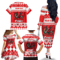 Personalized Wales Christmas Dragon Family Matching Off The Shoulder Long Sleeve Dress and Hawaiian Shirt Nadolig Llawen Red Version - Wonder Print Shop