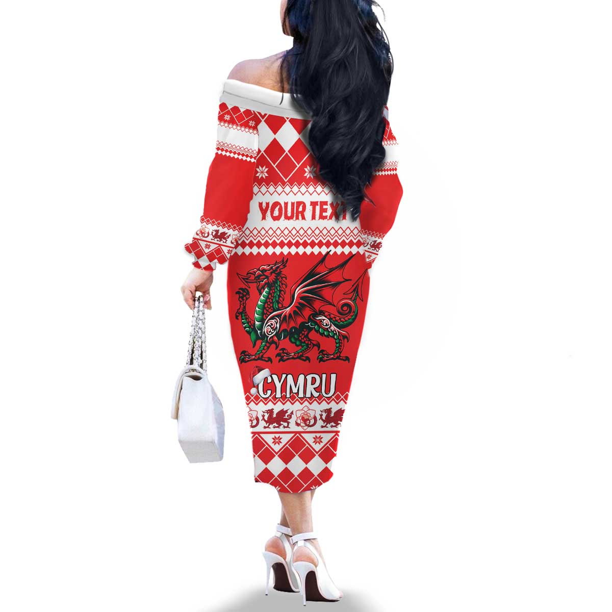 Personalized Wales Christmas Dragon Family Matching Off The Shoulder Long Sleeve Dress and Hawaiian Shirt Nadolig Llawen Red Version - Wonder Print Shop