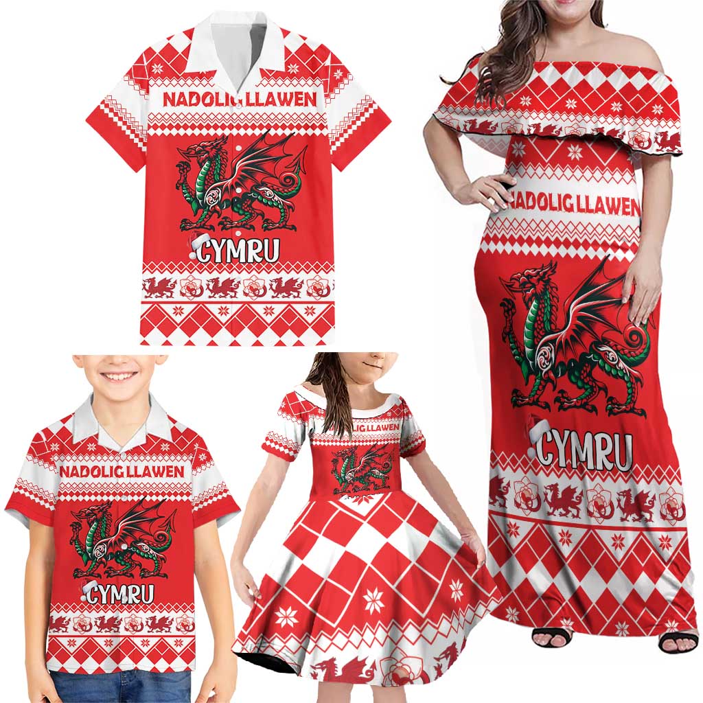 Personalized Wales Christmas Dragon Family Matching Off Shoulder Maxi Dress and Hawaiian Shirt Nadolig Llawen Red Version - Wonder Print Shop