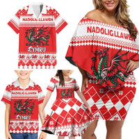 Personalized Wales Christmas Dragon Family Matching Off Shoulder Short Dress and Hawaiian Shirt Nadolig Llawen Red Version - Wonder Print Shop