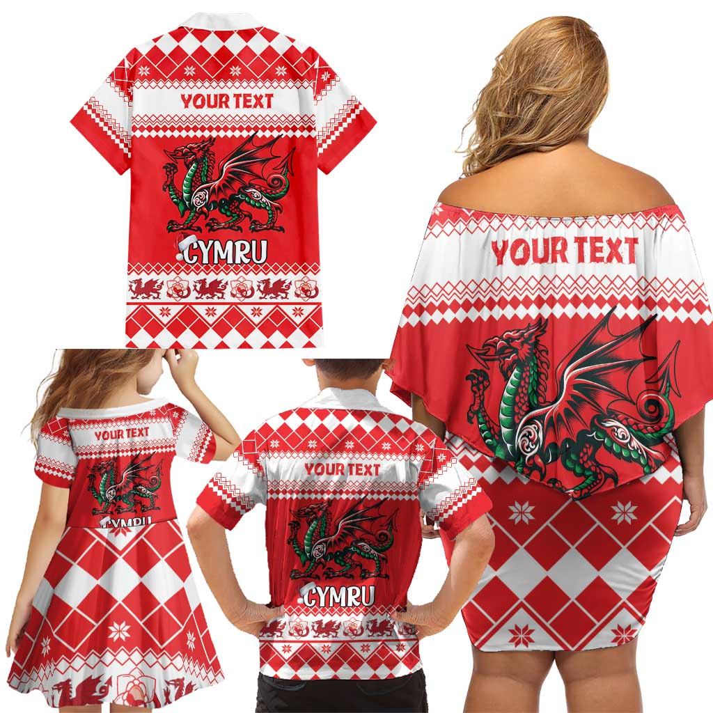 Personalized Wales Christmas Dragon Family Matching Off Shoulder Short Dress and Hawaiian Shirt Nadolig Llawen Red Version - Wonder Print Shop