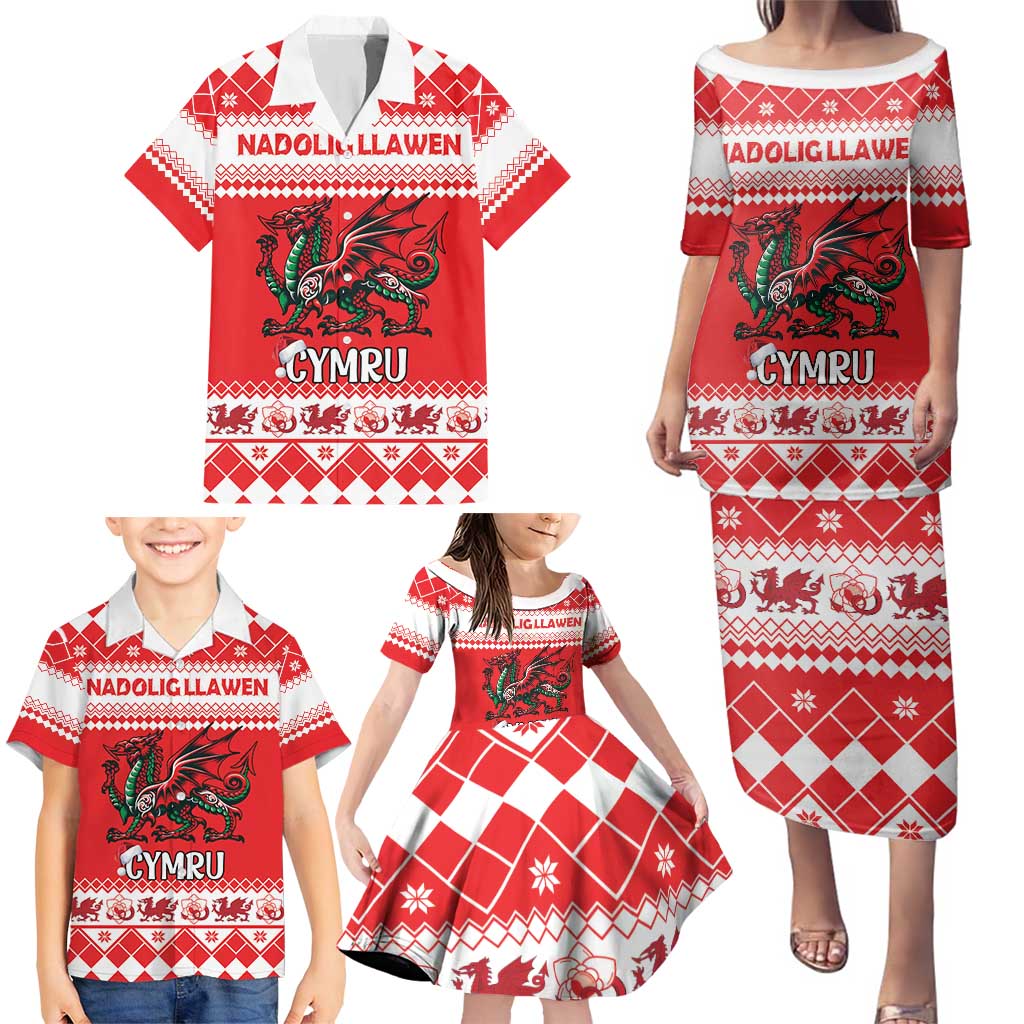 Personalized Wales Christmas Dragon Family Matching Puletasi and Hawaiian Shirt Nadolig Llawen Red Version - Wonder Print Shop