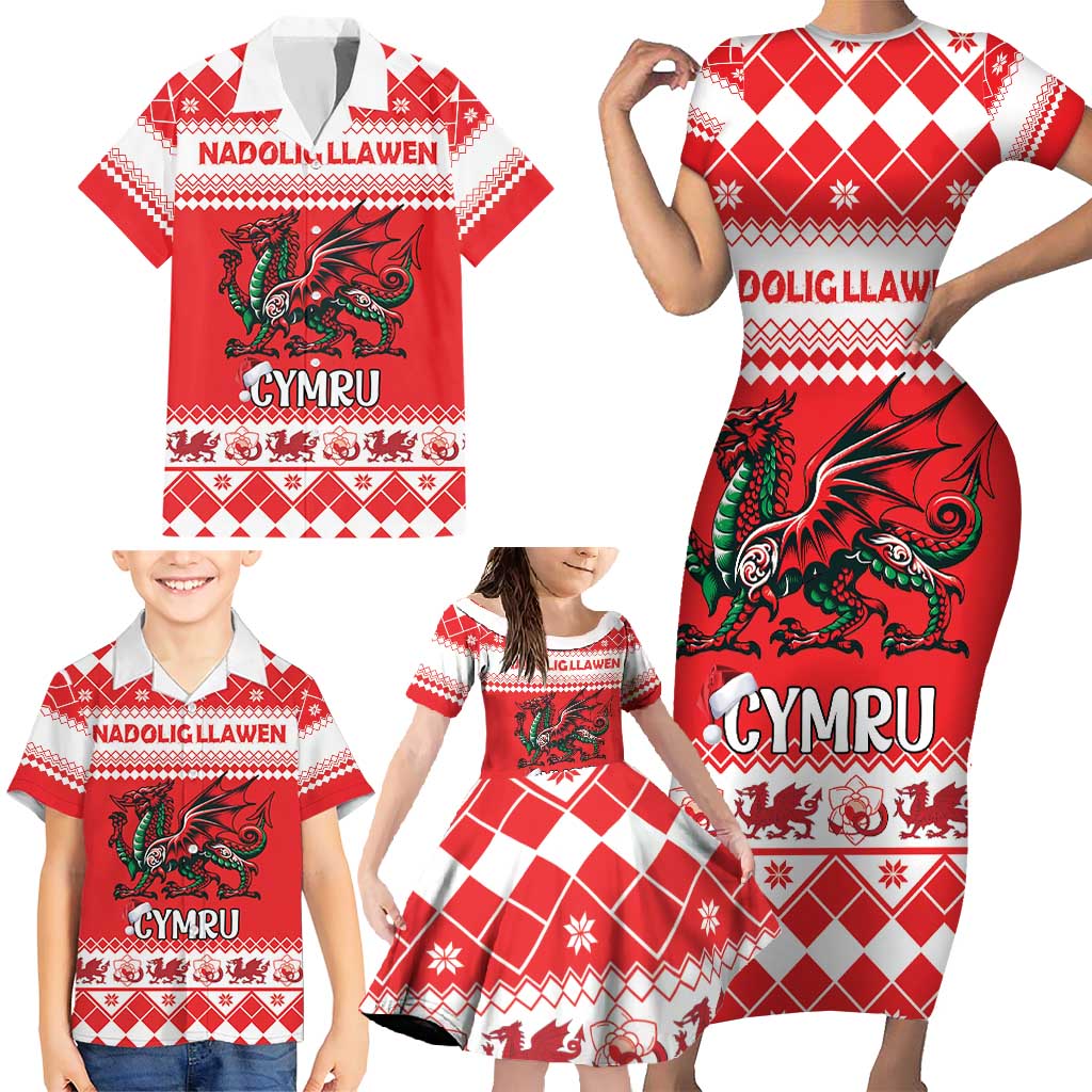 Personalized Wales Christmas Dragon Family Matching Short Sleeve Bodycon Dress and Hawaiian Shirt Nadolig Llawen Red Version - Wonder Print Shop